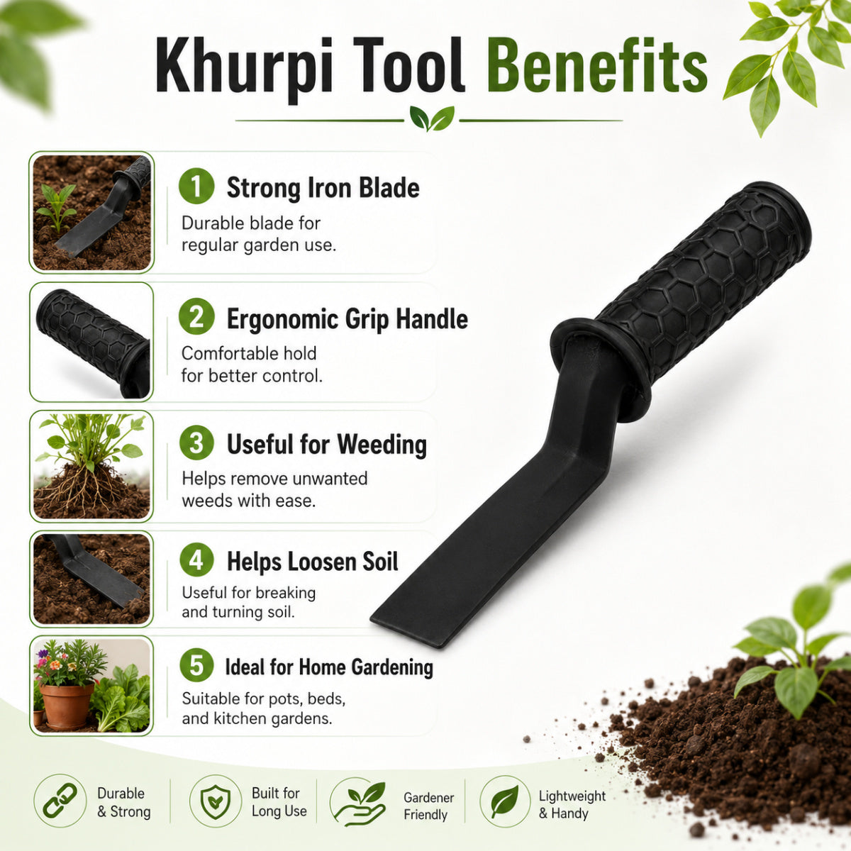 Casa De Amor Khurpi 2 Inch 1 Pc, Iron Hand Khurpa with Ergonomic Handle Grip for Weeding, Digging, Soil Loosening, Planting & Home Gardening