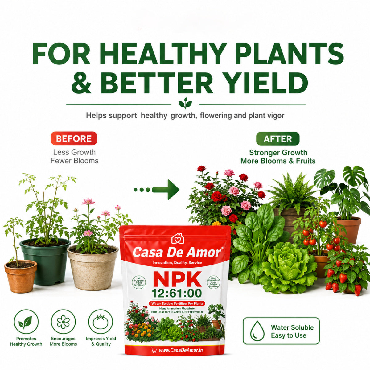 Casa De Amor NPK 12:61:00 Water Soluble Fertilizer for Plants, Mono Ammonium Phosphate MAP Plant Food for Root Growth, Flowering & Fruiting, Foliar Spray Nutrition for Home Garden Plants