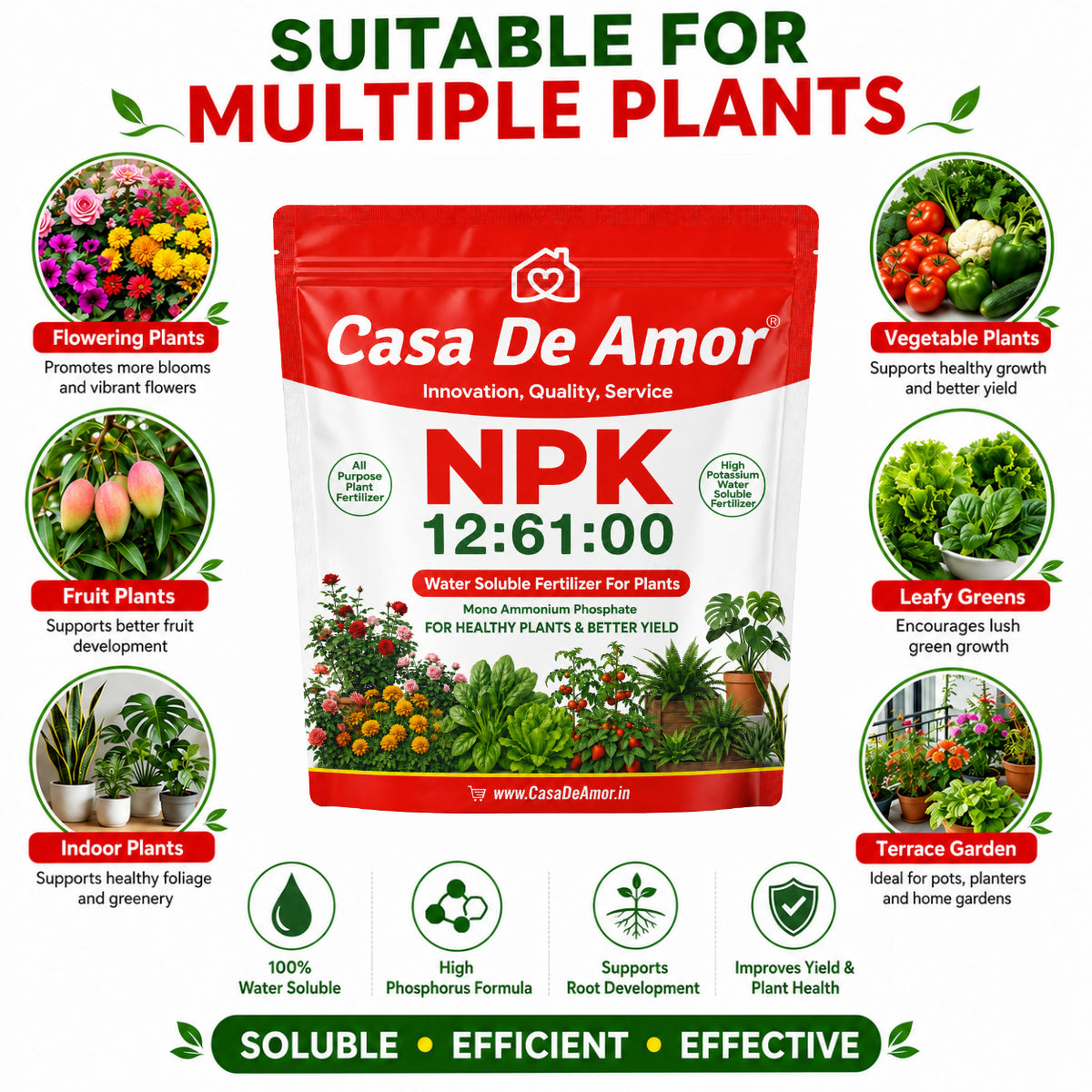 Casa De Amor NPK 12:61:00 Water Soluble Fertilizer for Plants, Mono Ammonium Phosphate MAP Plant Food for Root Growth, Flowering & Fruiting, Foliar Spray Nutrition for Home Garden Plants