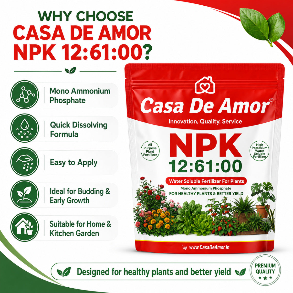 Casa De Amor NPK 12:61:00 Water Soluble Fertilizer for Plants, Mono Ammonium Phosphate MAP Plant Food for Root Growth, Flowering & Fruiting, Foliar Spray Nutrition for Home Garden Plants