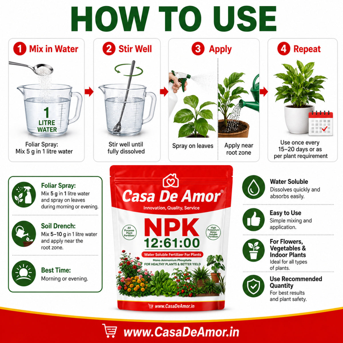 Casa De Amor NPK 12:61:00 Water Soluble Fertilizer for Plants, Mono Ammonium Phosphate MAP Plant Food for Root Growth, Flowering & Fruiting, Foliar Spray Nutrition for Home Garden Plants