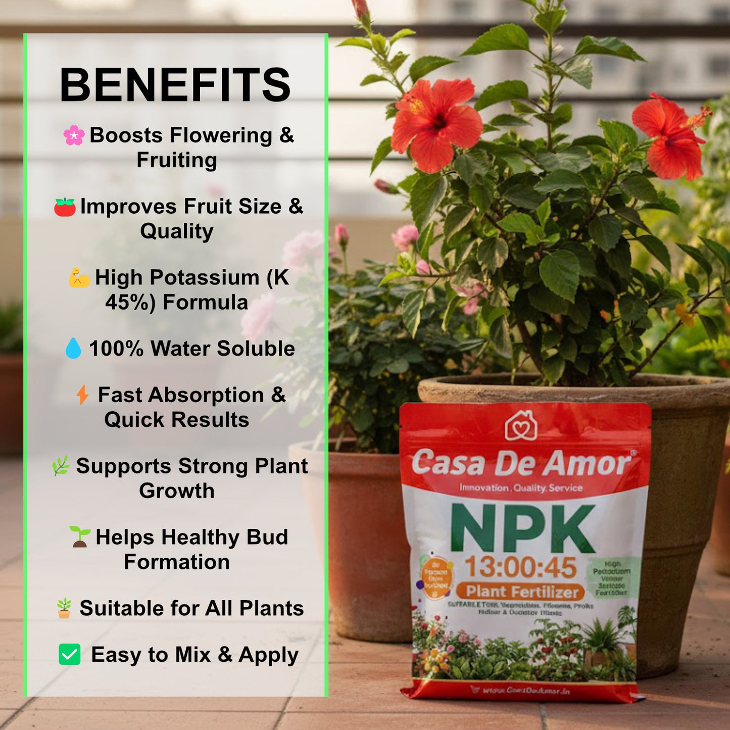Casa De Amor NPK 13:00:45 Plant Fertilizer Water Soluble | High Potash Plant Food for Flowers, Fruits, Vegetables | Foliar Spray & Soil Use | Home Gardening