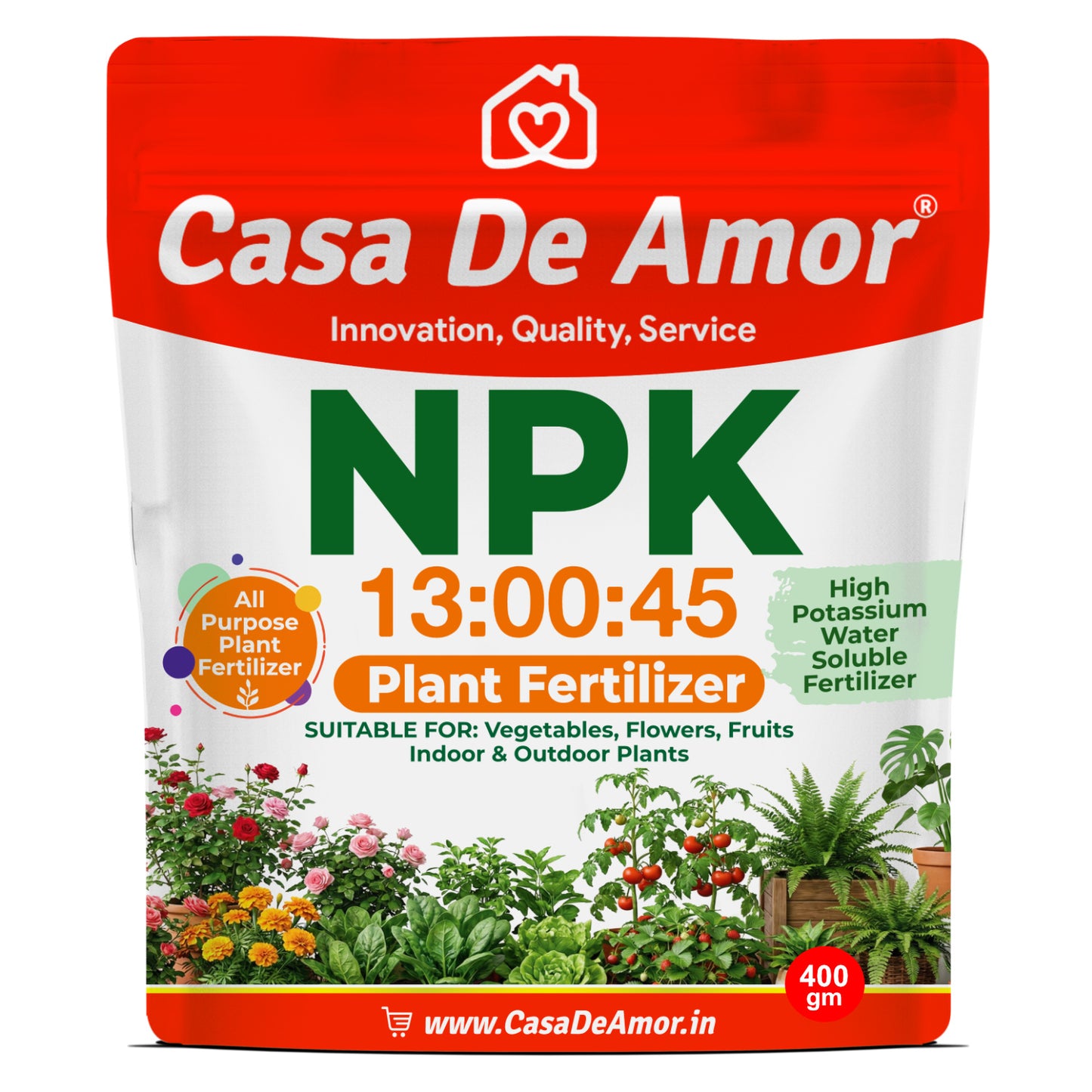 Casa De Amor NPK 13:00:45 Plant Fertilizer Water Soluble | High Potash Plant Food for Flowers, Fruits, Vegetables | Foliar Spray & Soil Use | Home Gardening