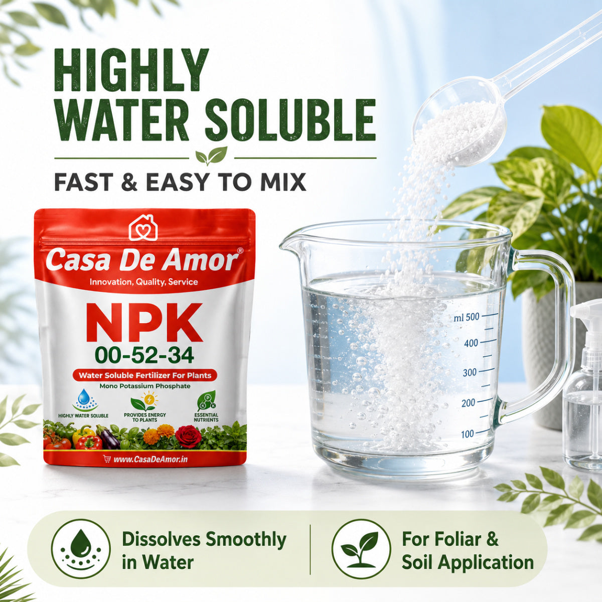 Casa De Amor NPK 00-52-34 Fertilizer for Plants, Fully Water Soluble MKP for Flowering, Fruiting, Foliar Spray, Drip Irrigation & Hydroponics