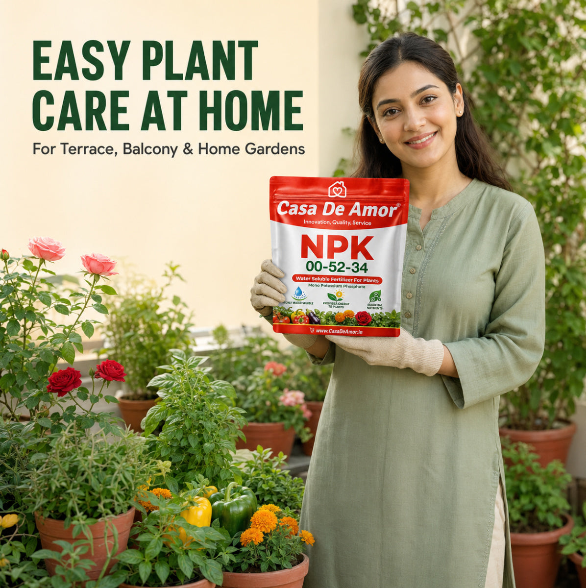 Casa De Amor NPK 00-52-34 Fertilizer for Plants, Fully Water Soluble MKP for Flowering, Fruiting, Foliar Spray, Drip Irrigation & Hydroponics