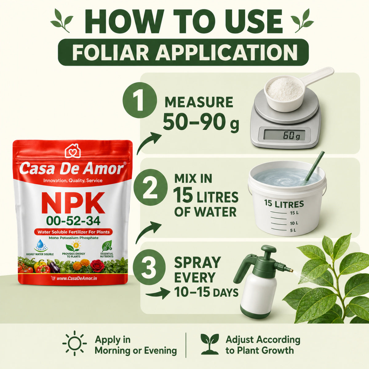 Casa De Amor NPK 00-52-34 Fertilizer for Plants, Fully Water Soluble MKP for Flowering, Fruiting, Foliar Spray, Drip Irrigation & Hydroponics