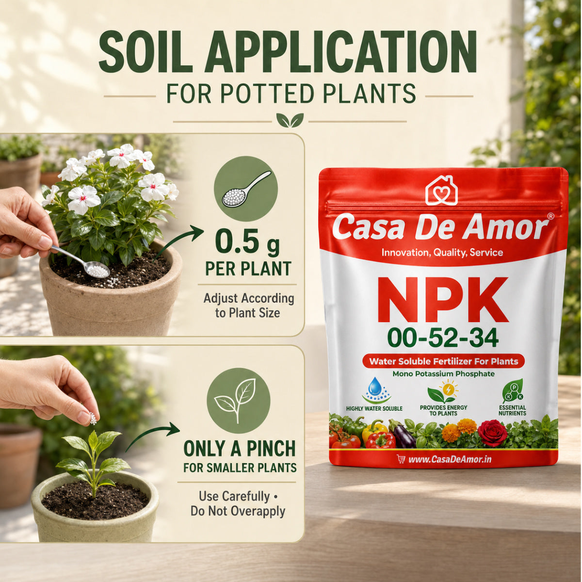 Casa De Amor NPK 00-52-34 Fertilizer for Plants, Fully Water Soluble MKP for Flowering, Fruiting, Foliar Spray, Drip Irrigation & Hydroponics