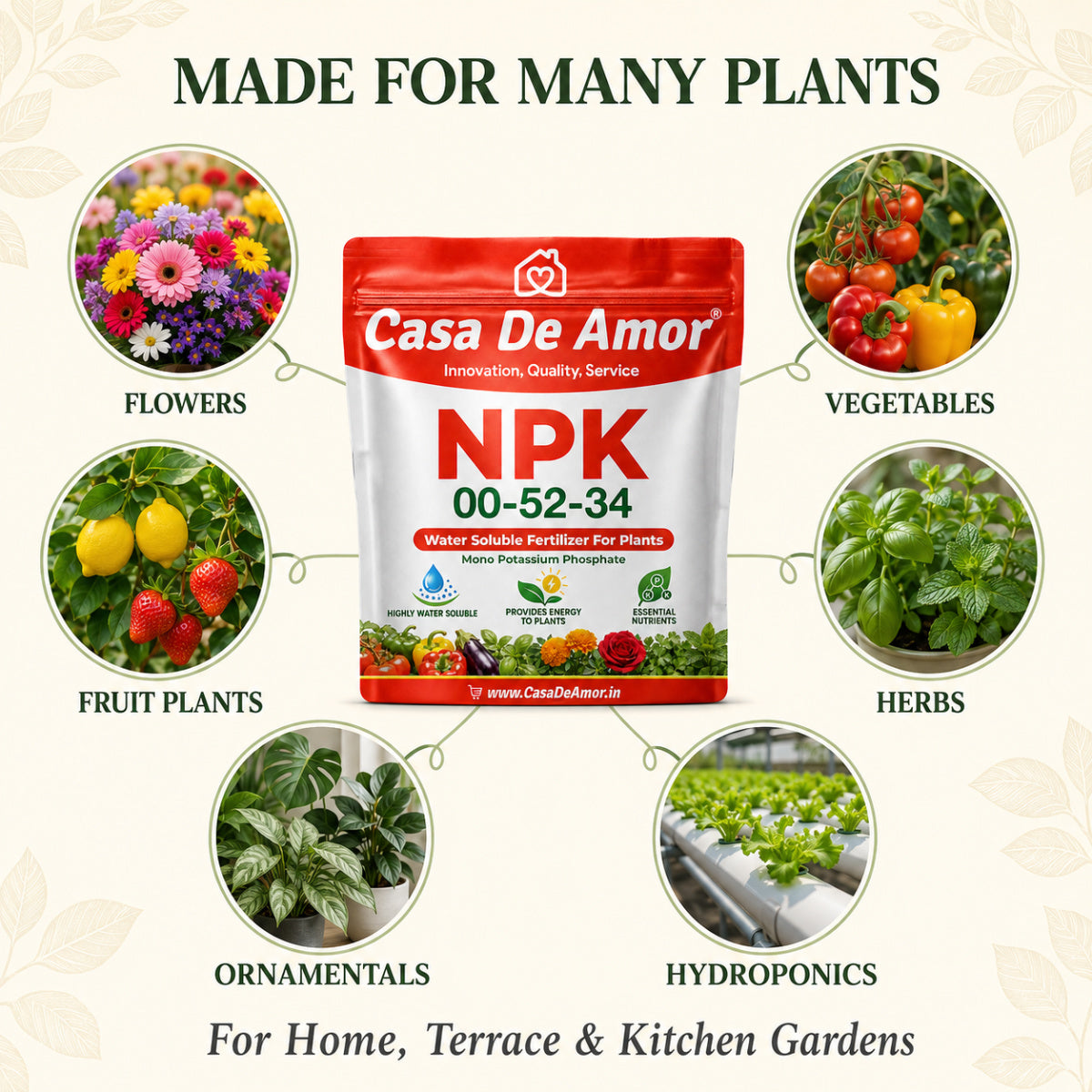 Casa De Amor NPK 00-52-34 Fertilizer for Plants, Fully Water Soluble MKP for Flowering, Fruiting, Foliar Spray, Drip Irrigation & Hydroponics