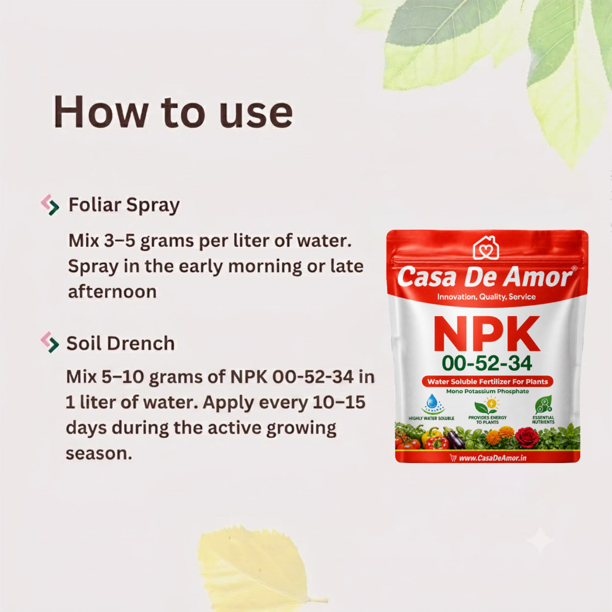 Casa De Amor NPK 00-52-34 Fertilizer for Plants, Fully Water Soluble MKP for Flowering, Fruiting, Foliar Spray, Drip Irrigation & Hydroponics