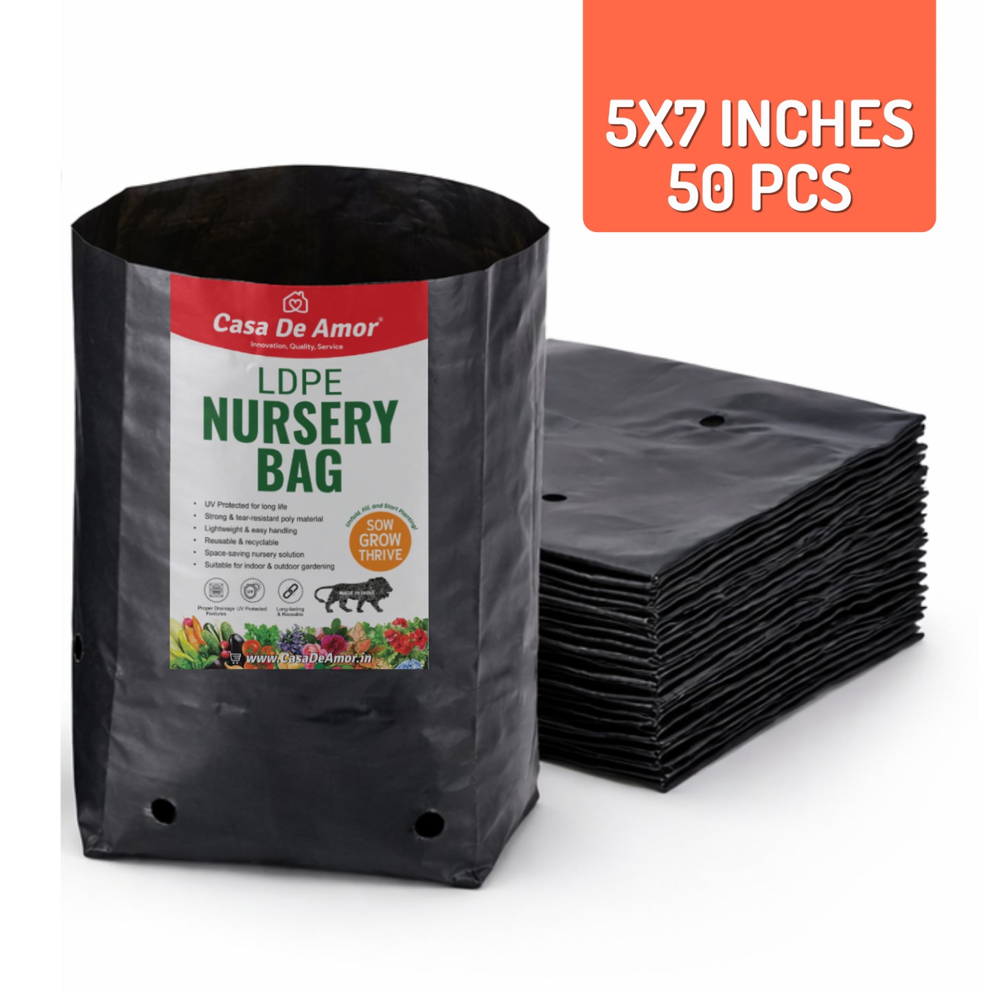 Casa De Amor Recyclable Plastic UV Protected Poly Grow Nursery Plant Bags | Plant Bags for Home Garden (Black)