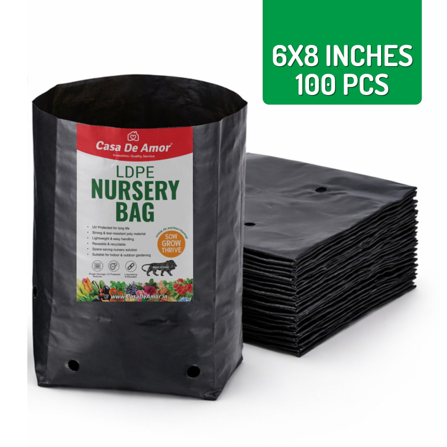 Casa De Amor Recyclable Plastic UV Protected Poly Grow Nursery Plant Bags | Plant Bags for Home Garden (Black)