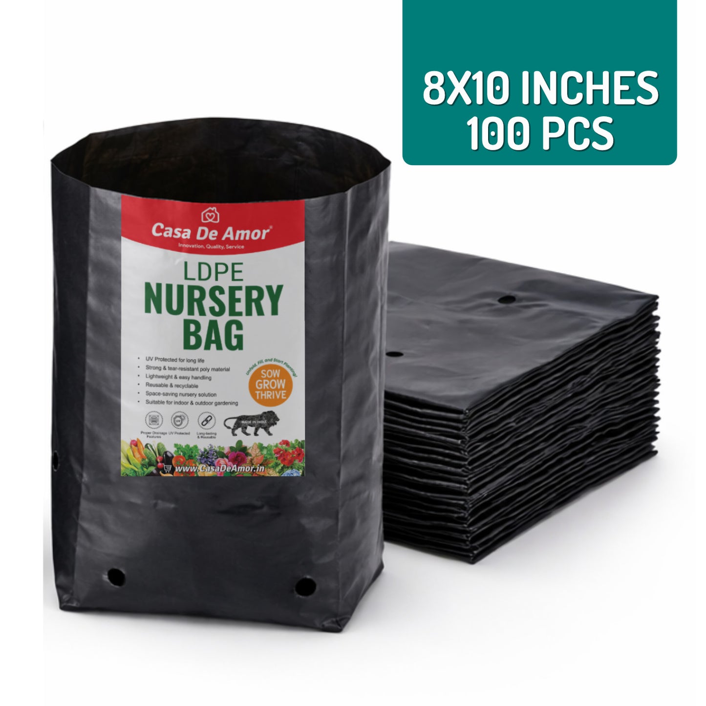 Casa De Amor Recyclable Plastic UV Protected Poly Grow Nursery Plant Bags | Plant Bags for Home Garden (Black)