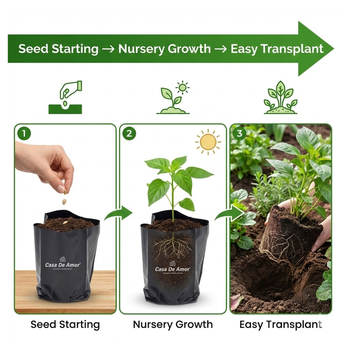 Casa De Amor Recyclable Plastic UV Protected Poly Grow Nursery Plant Bags | Plant Bags for Home Garden (Black)