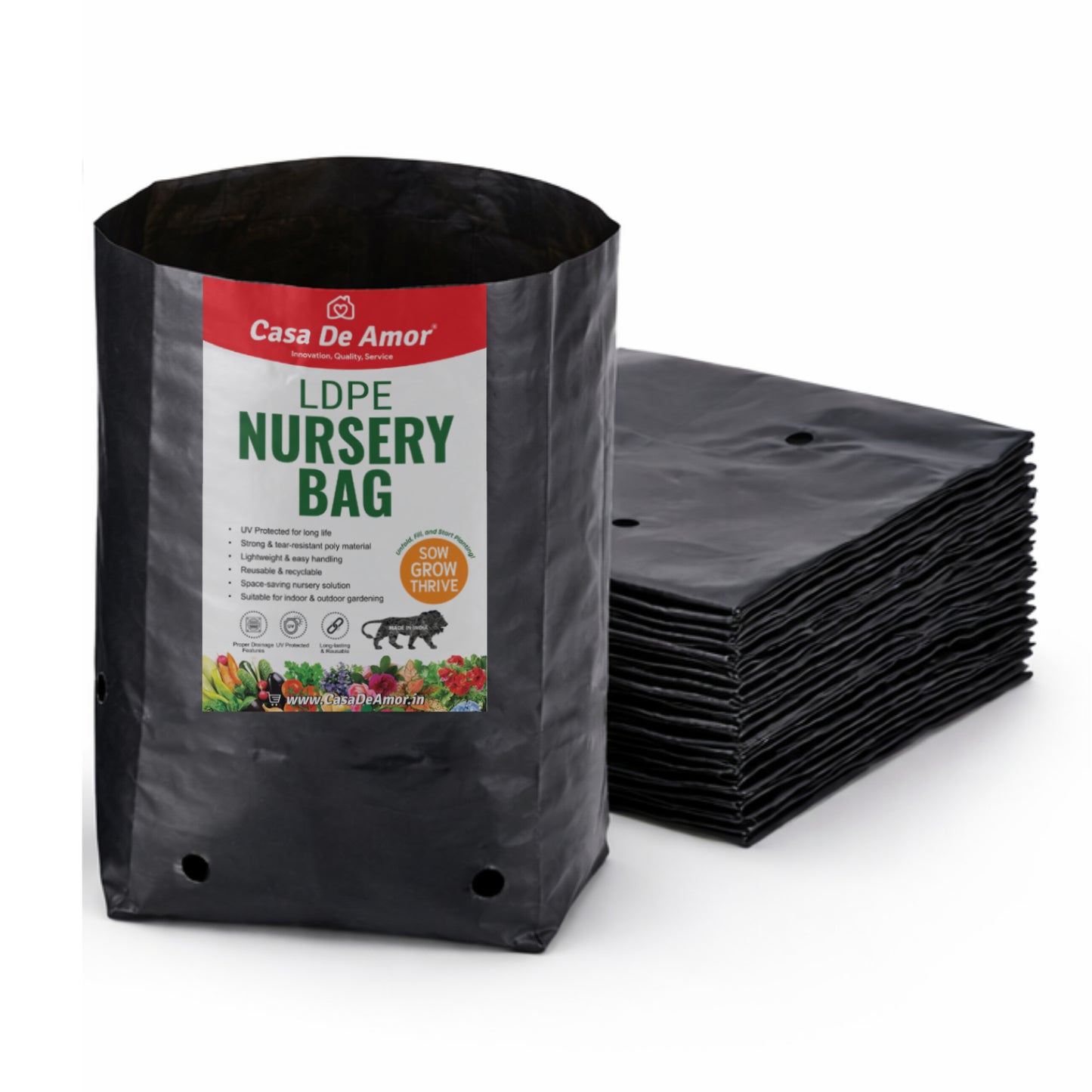 Casa De Amor Recyclable Plastic UV Protected Poly Grow Nursery Plant Bags | Plant Bags for Home Garden (Black)