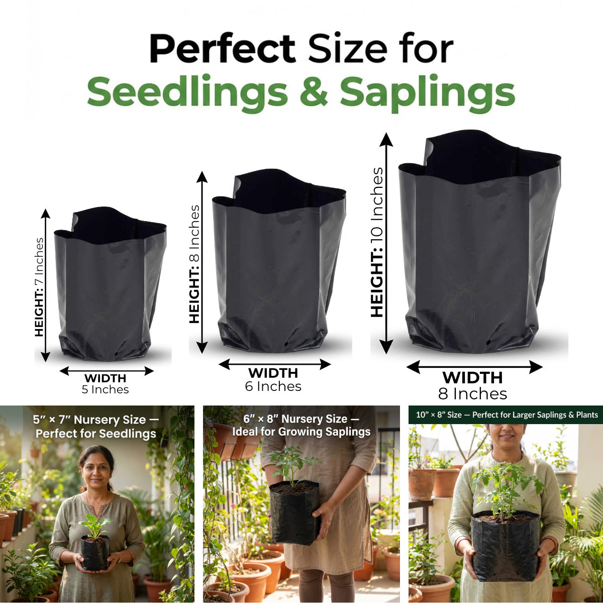 Casa De Amor Recyclable Plastic UV Protected Poly Grow Nursery Plant Bags | Plant Bags for Home Garden (Black)