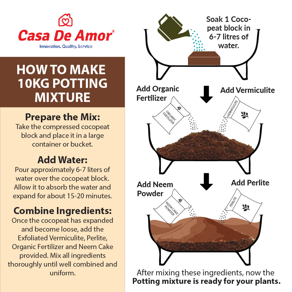 Casa De Amor 5-in-1 Potting Mix- Makes 10Kg Soil Less Mixture with Cocopeat, Vermiculite, Perlite, Neem Cake Powder & Organic Fertilizer for Healthy Plant Growth