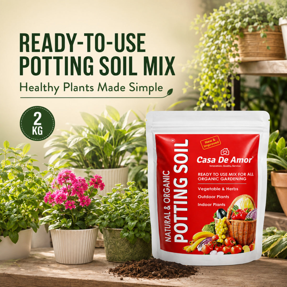 Casa De Amor Natural Potting Soil Mix with Organic Fertilizer for Flowers, Vegetables and Air Purifier Plants