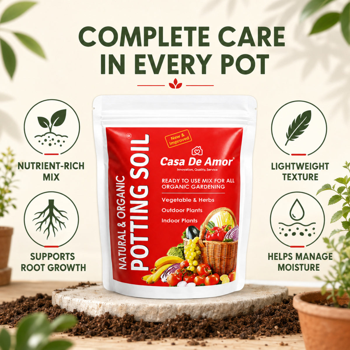 Casa De Amor Natural Potting Soil Mix with Organic Fertilizer for Flowers, Vegetables and Air Purifier Plants