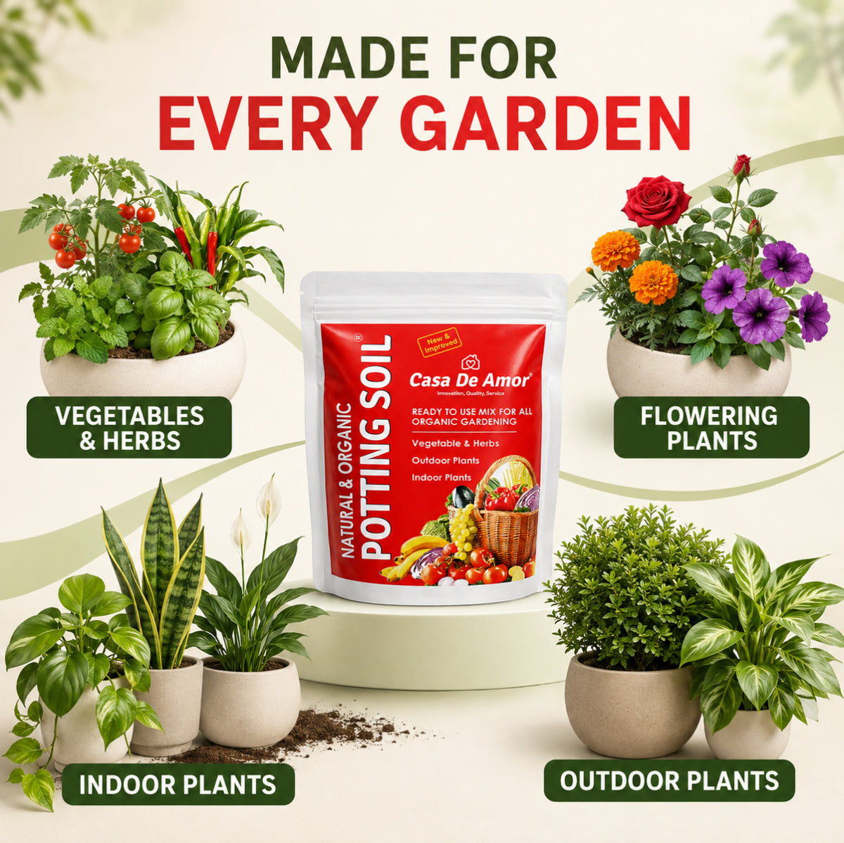 Casa De Amor Natural Potting Soil Mix with Organic Fertilizer for Flowers, Vegetables and Air Purifier Plants