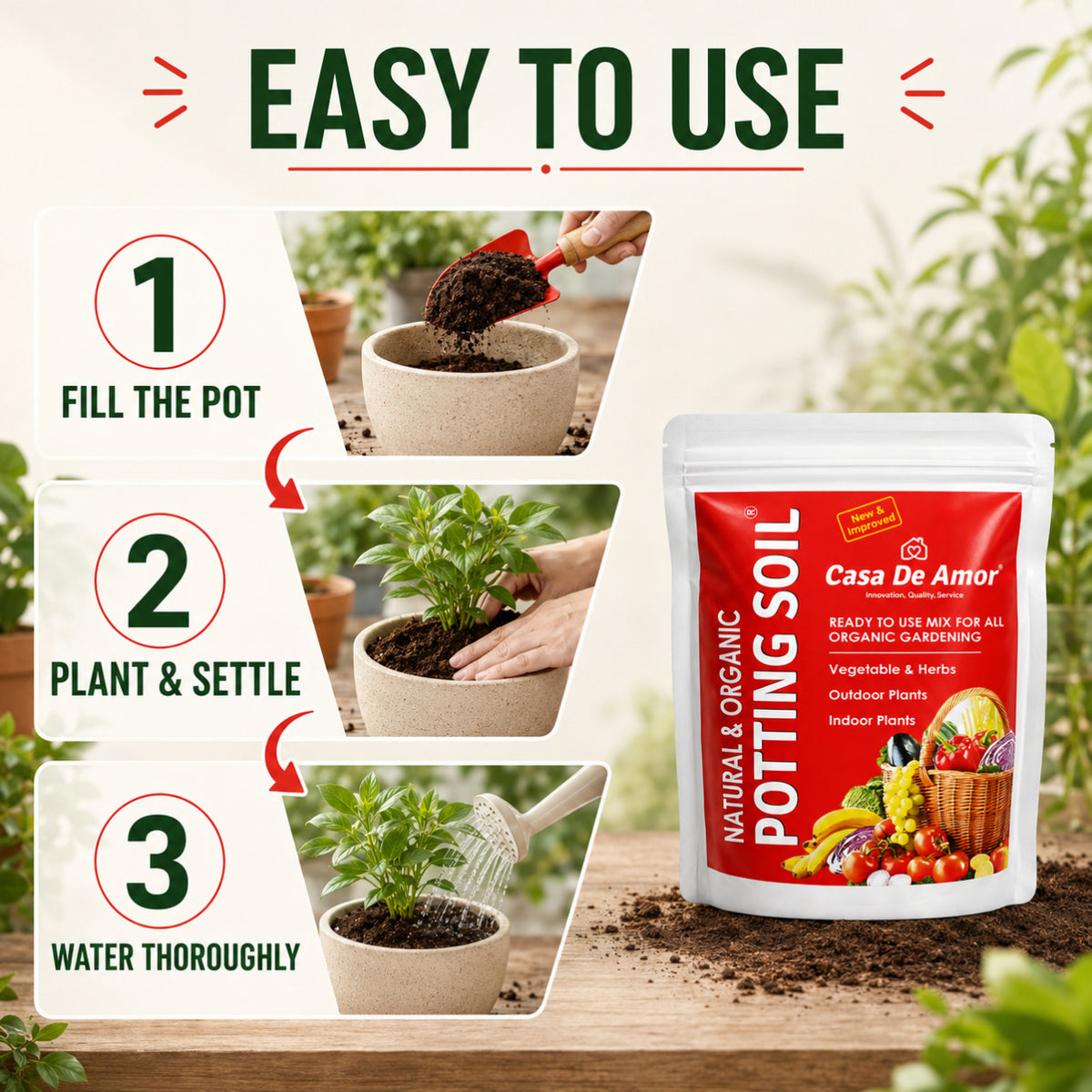 Casa De Amor Natural Potting Soil Mix with Organic Fertilizer for Flowers, Vegetables and Air Purifier Plants