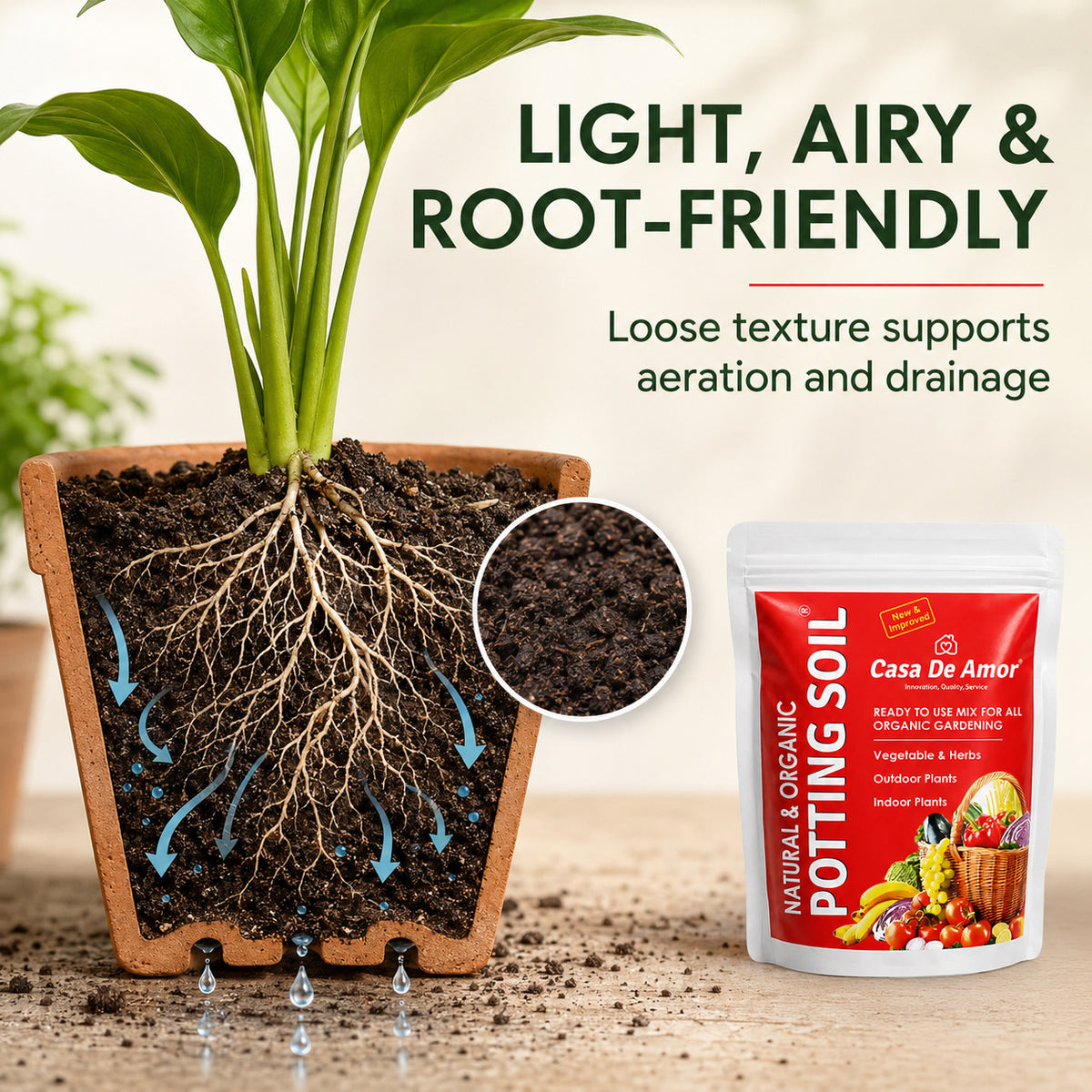 Casa De Amor Natural Potting Soil Mix with Organic Fertilizer for Flowers, Vegetables and Air Purifier Plants