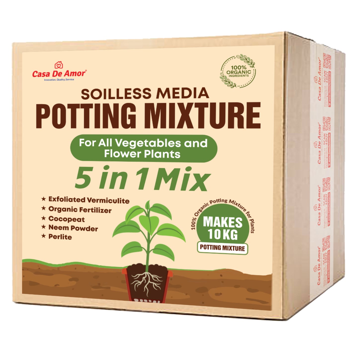 Casa De Amor 5-in-1 Potting Mixture- Makes 10Kg Soil Less Mixture with Cocopeat, Vermiculite, Perlite, Neem Cake Powder & Organic Fertilizer for Healthy Plant Growth