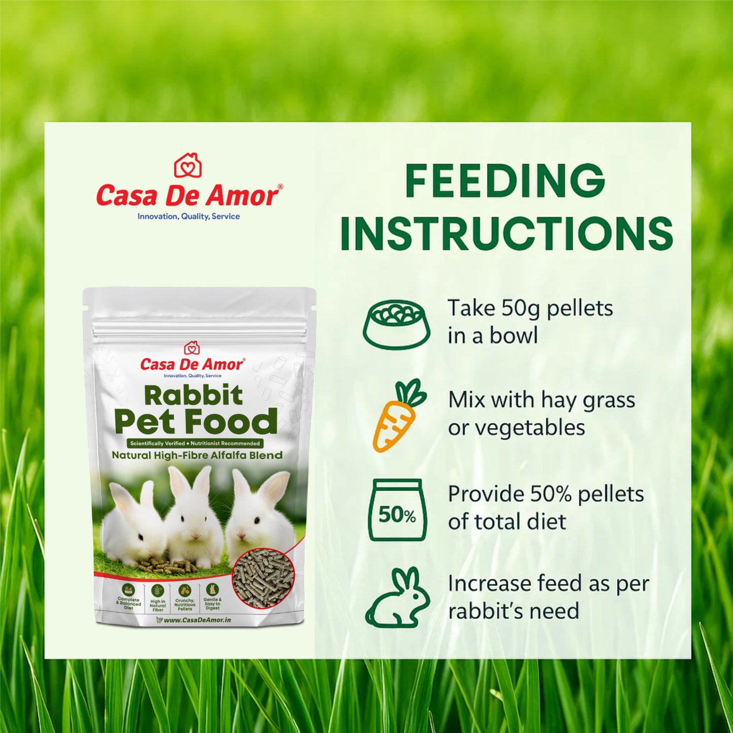 Casa De Amor Premium Rabbit Food Pellets | Complete & Balanced Nutrition with Natural Fiber | Healthy Digestible Pellets for All Rabbits & Small Pets