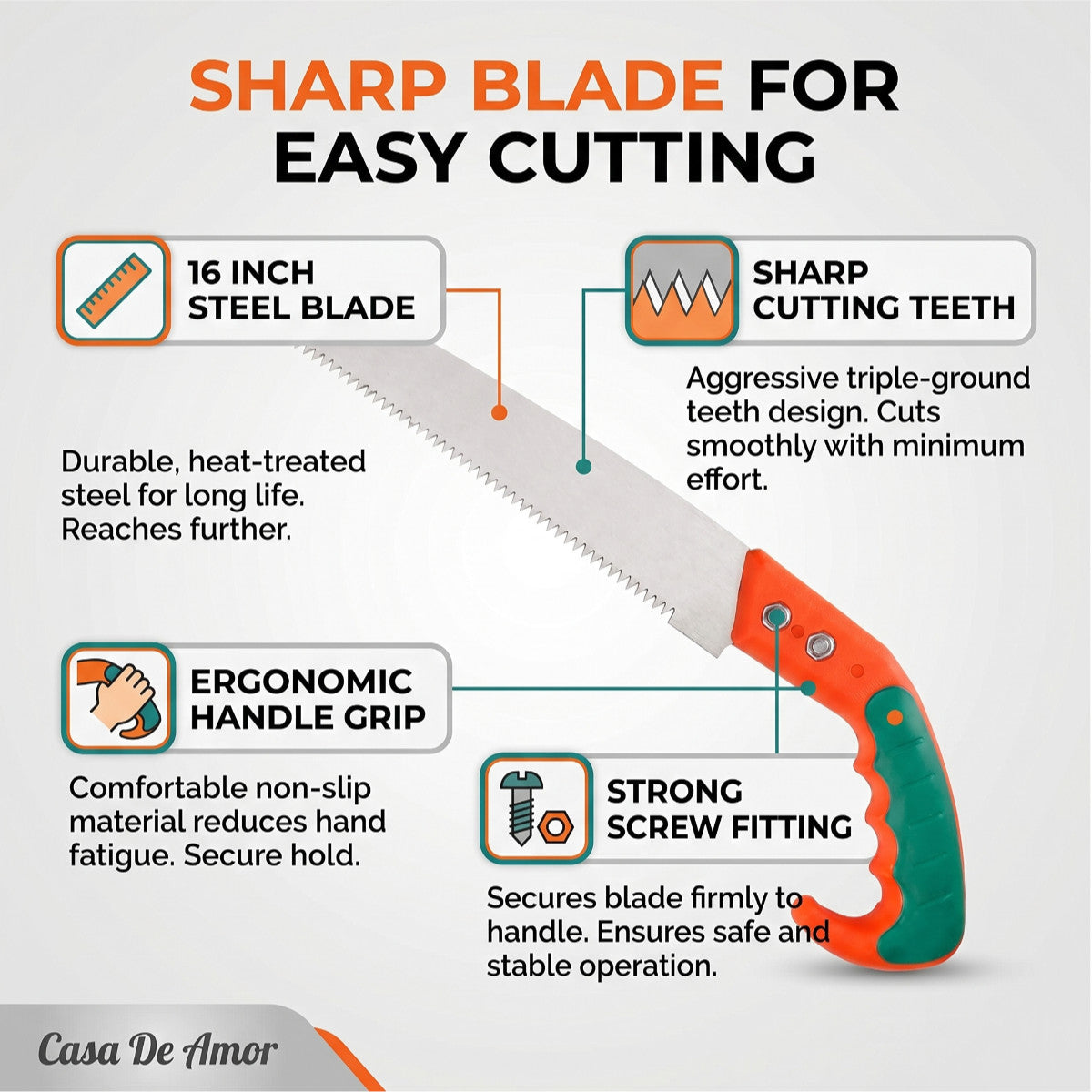 Casa De Amor Garden Pruning Saw 16 Inch, Heavy Duty Hand Saw with Sharp Steel Blade for Tree Branch, Wood Cutting, Pruning, Farming & Outdoor Gardening Use