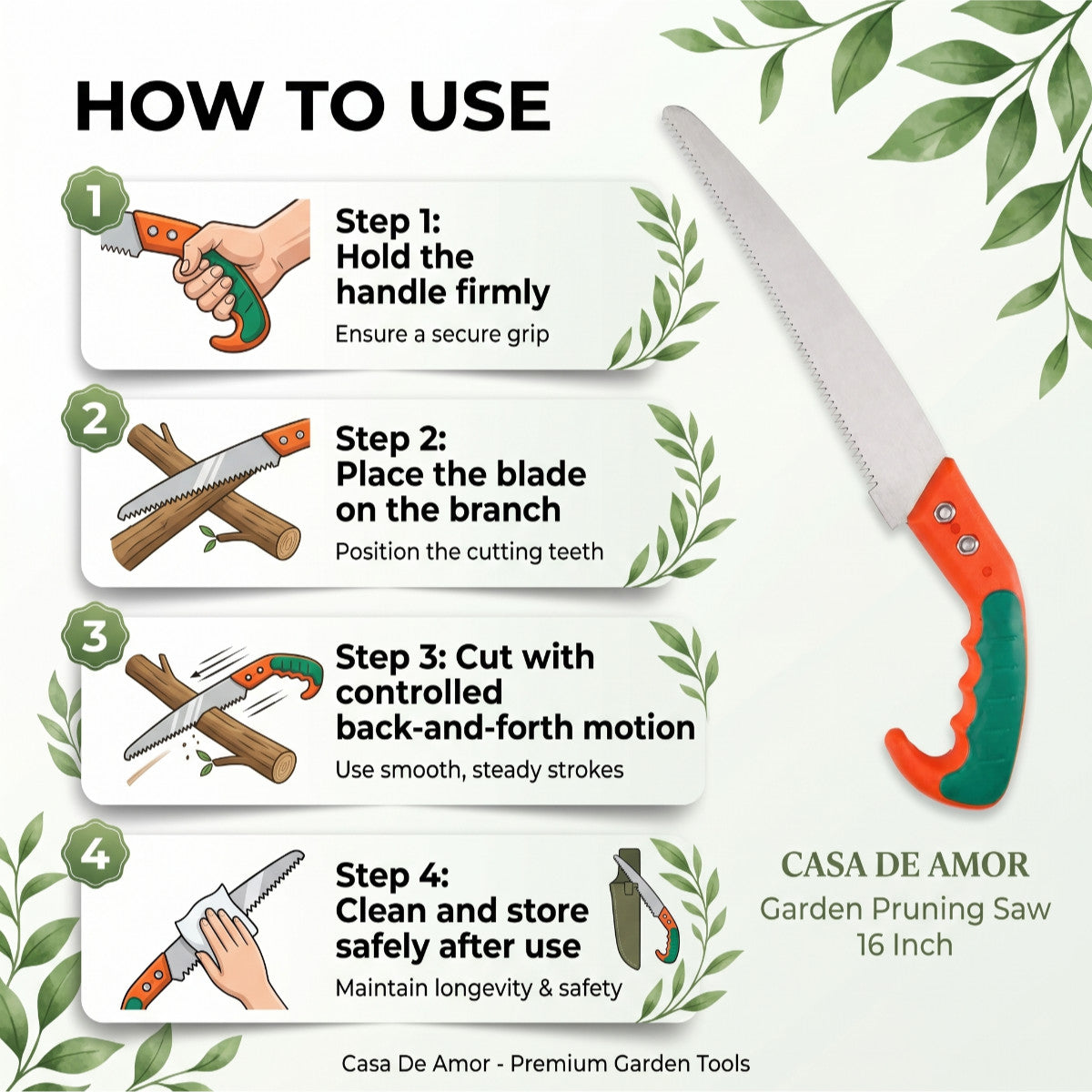 Casa De Amor Garden Pruning Saw 16 Inch, Heavy Duty Hand Saw with Sharp Steel Blade for Tree Branch, Wood Cutting, Pruning, Farming & Outdoor Gardening Use