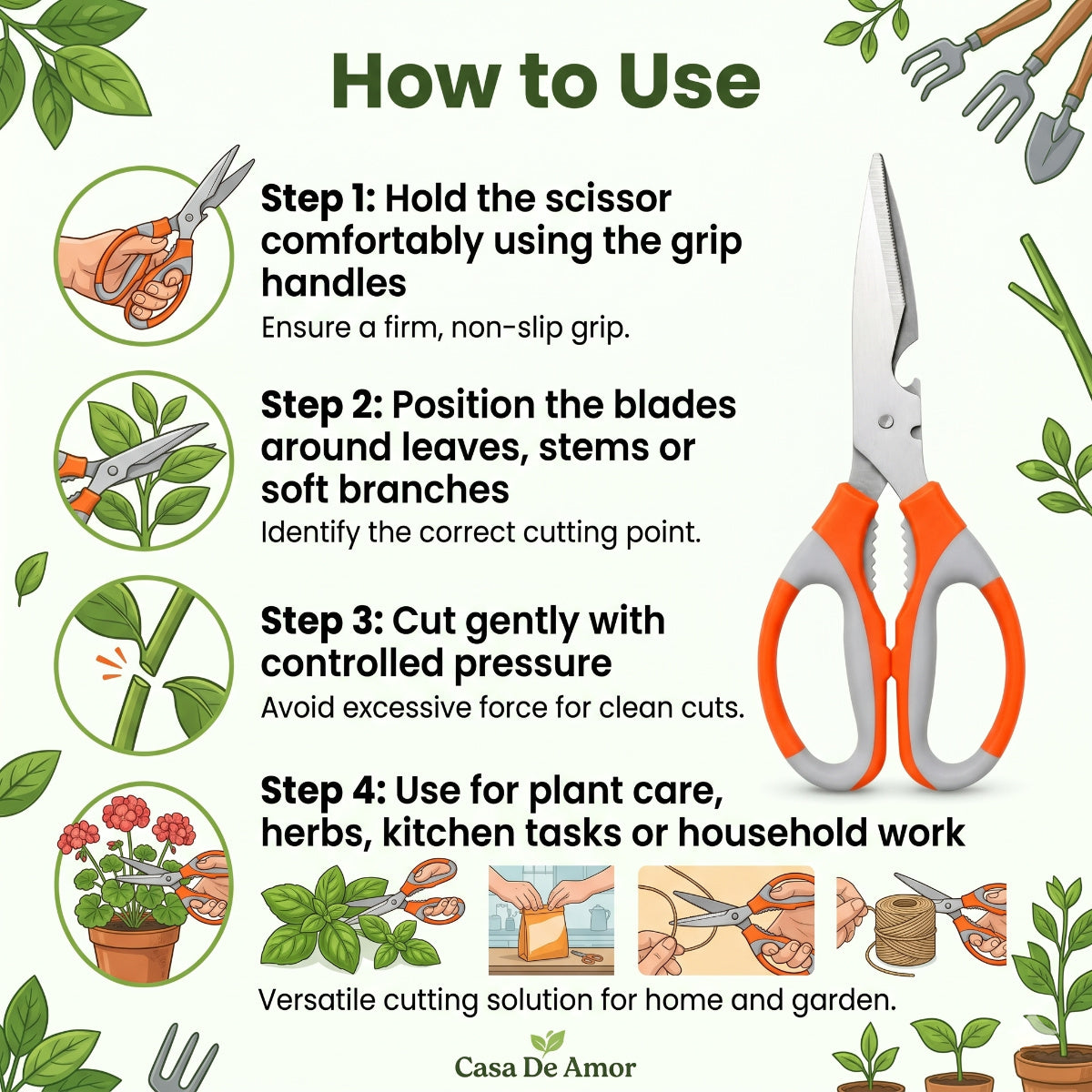 Casa De Amor Plant Cutter Scissor 1 Pc, Stainless Steel Garden Scissors with Comfortable Grip for Plant Cutting, Pruning, Trimming, Kitchen & Household Use