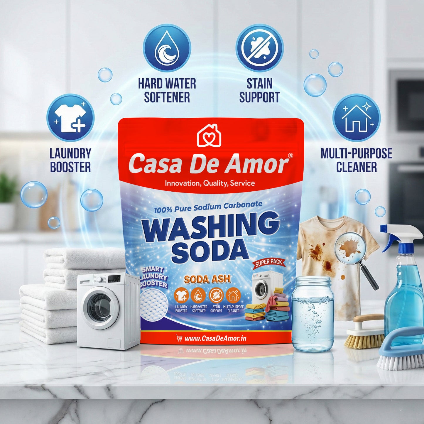Casa De Amor 100% Pure Soda Ash Washing Soda Powder odium Carbonate Laundry Booster, Stain Remover, Hard Water Softener, Multi-Purpose Cleaner
