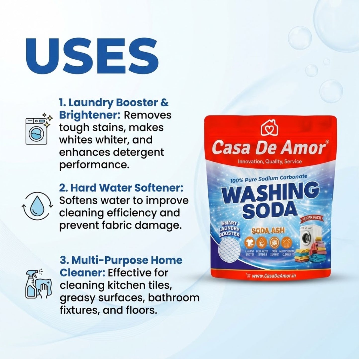 Casa De Amor 100% Pure Soda Ash Washing Soda Powder odium Carbonate Laundry Booster, Stain Remover, Hard Water Softener, Multi-Purpose Cleaner