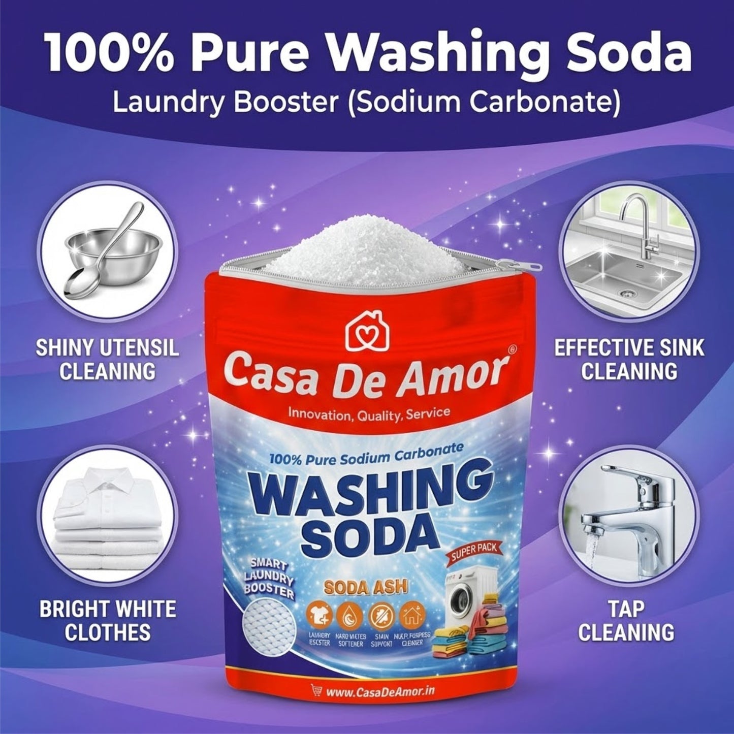Casa De Amor 100% Pure Soda Ash Washing Soda Powder odium Carbonate Laundry Booster, Stain Remover, Hard Water Softener, Multi-Purpose Cleaner