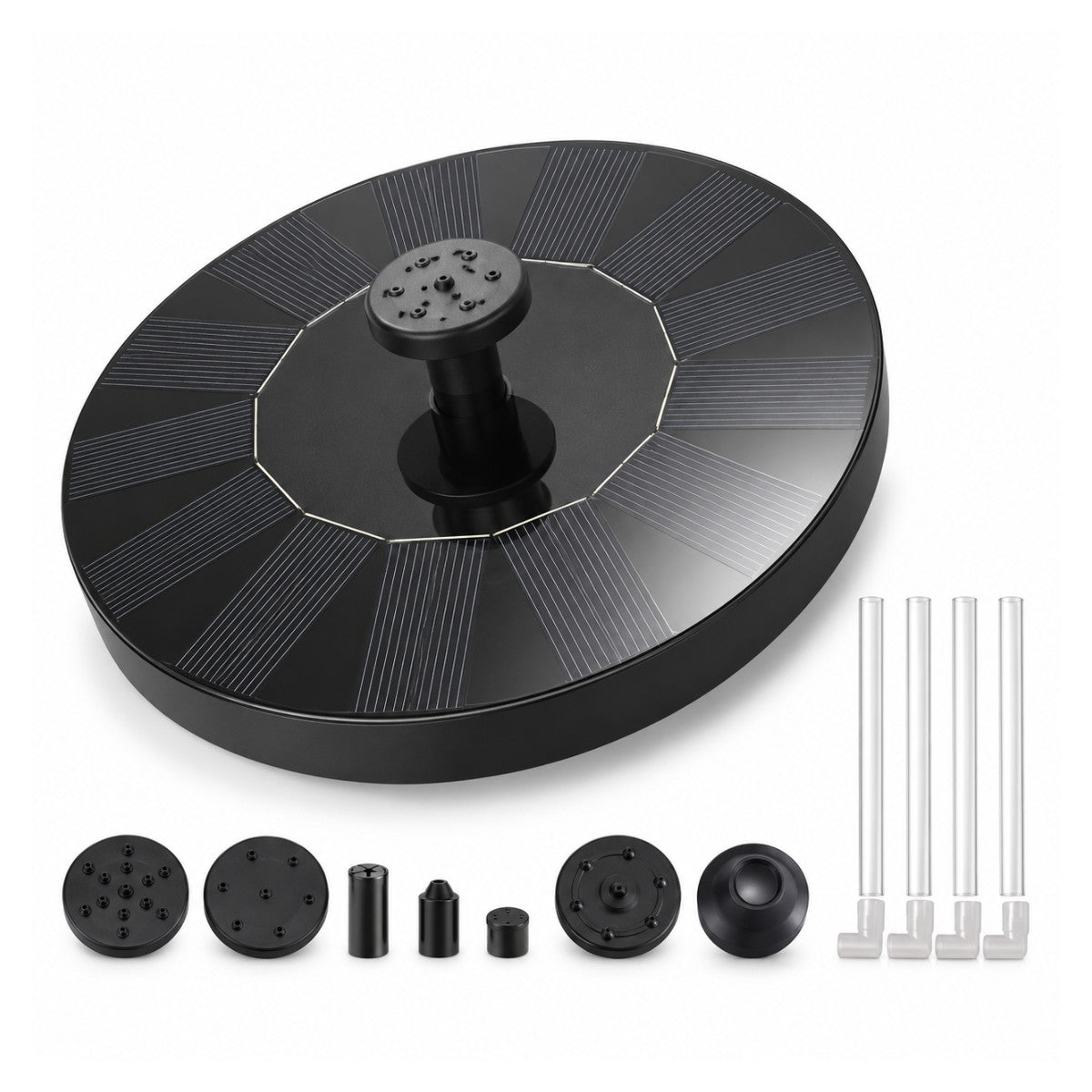 Casa De Amor Plastic Solar Fountain Floating Water Pump for Pool, Pond, Bird Bath, Garden & Patio Plants | Round 7V 1.4W with 4 Spray Nozzles (Black)
