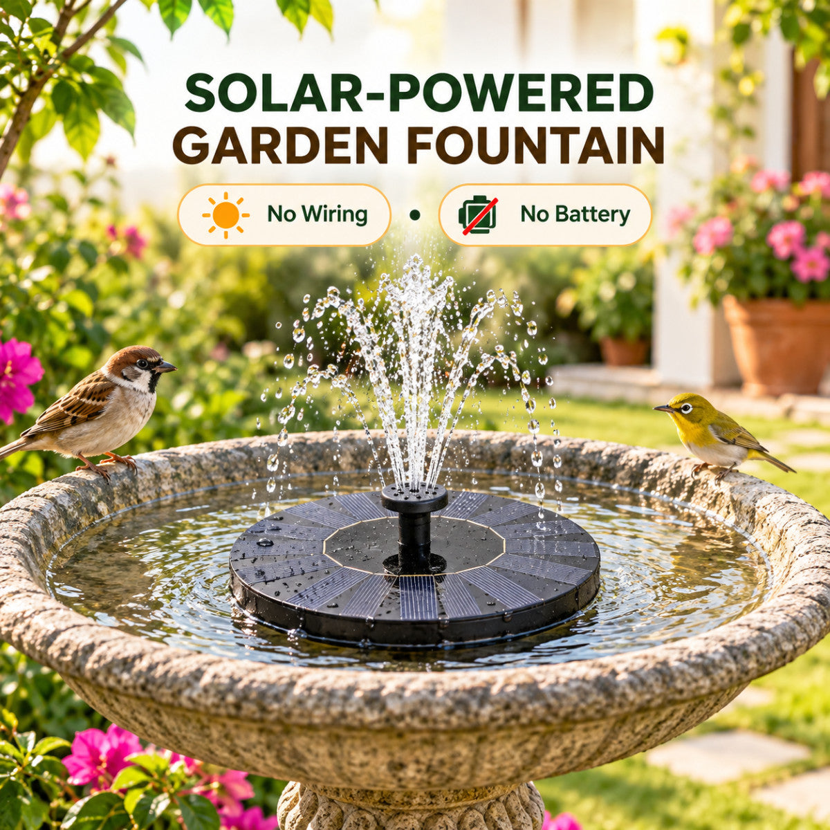 Casa De Amor Plastic Solar Fountain Floating Water Pump for Pool, Pond, Bird Bath, Garden & Patio Plants | Round 7V 1.4W with 4 Spray Nozzles (Black)
