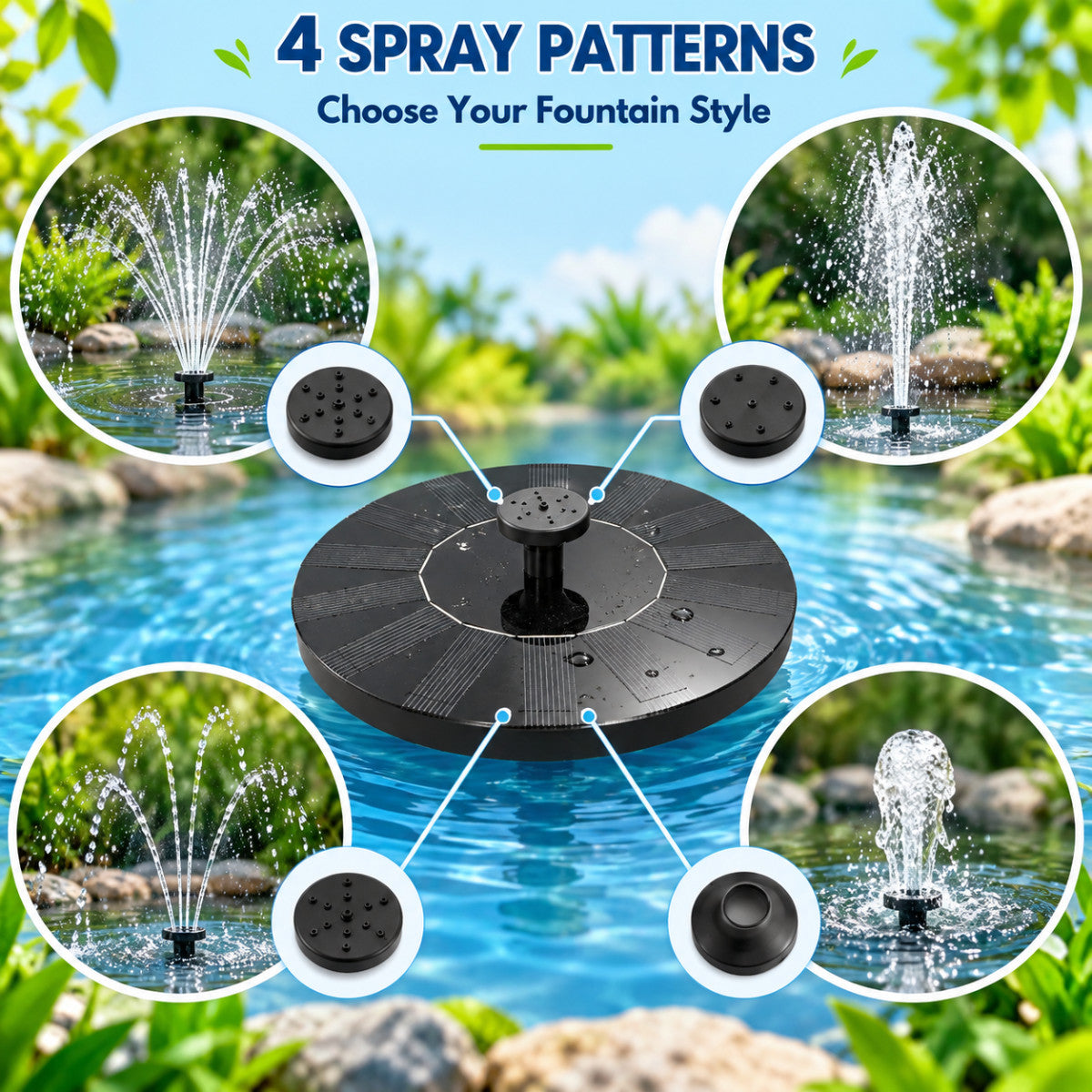 Casa De Amor Plastic Solar Fountain Floating Water Pump for Pool, Pond, Bird Bath, Garden & Patio Plants | Round 7V 1.4W with 4 Spray Nozzles (Black)