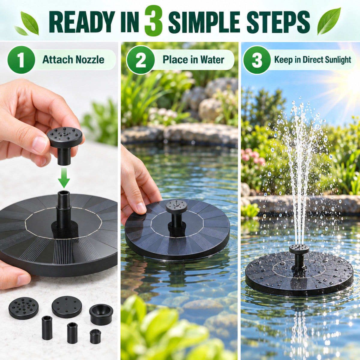 Casa De Amor Plastic Solar Fountain Floating Water Pump for Pool, Pond, Bird Bath, Garden & Patio Plants | Round 7V 1.4W with 4 Spray Nozzles (Black)