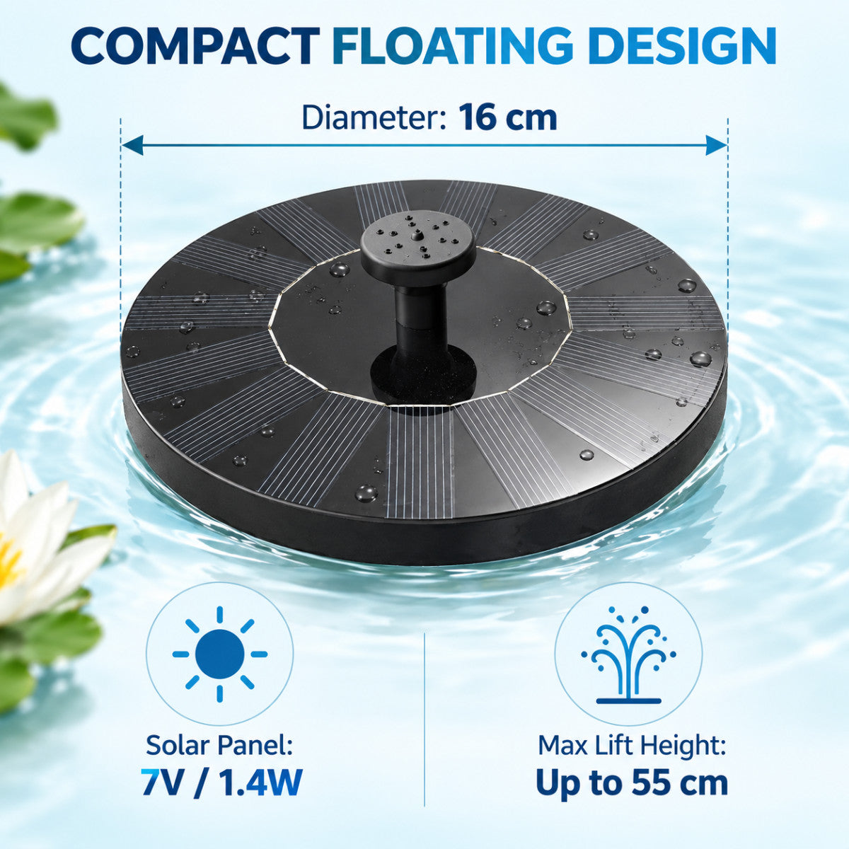 Casa De Amor Plastic Solar Fountain Floating Water Pump for Pool, Pond, Bird Bath, Garden & Patio Plants | Round 7V 1.4W with 4 Spray Nozzles (Black)