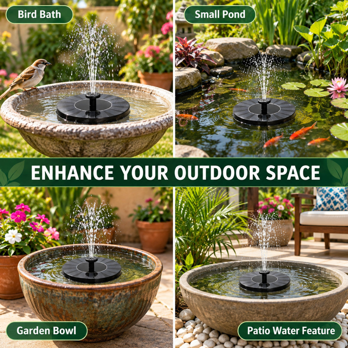 Casa De Amor Plastic Solar Fountain Floating Water Pump for Pool, Pond, Bird Bath, Garden & Patio Plants | Round 7V 1.4W with 4 Spray Nozzles (Black)