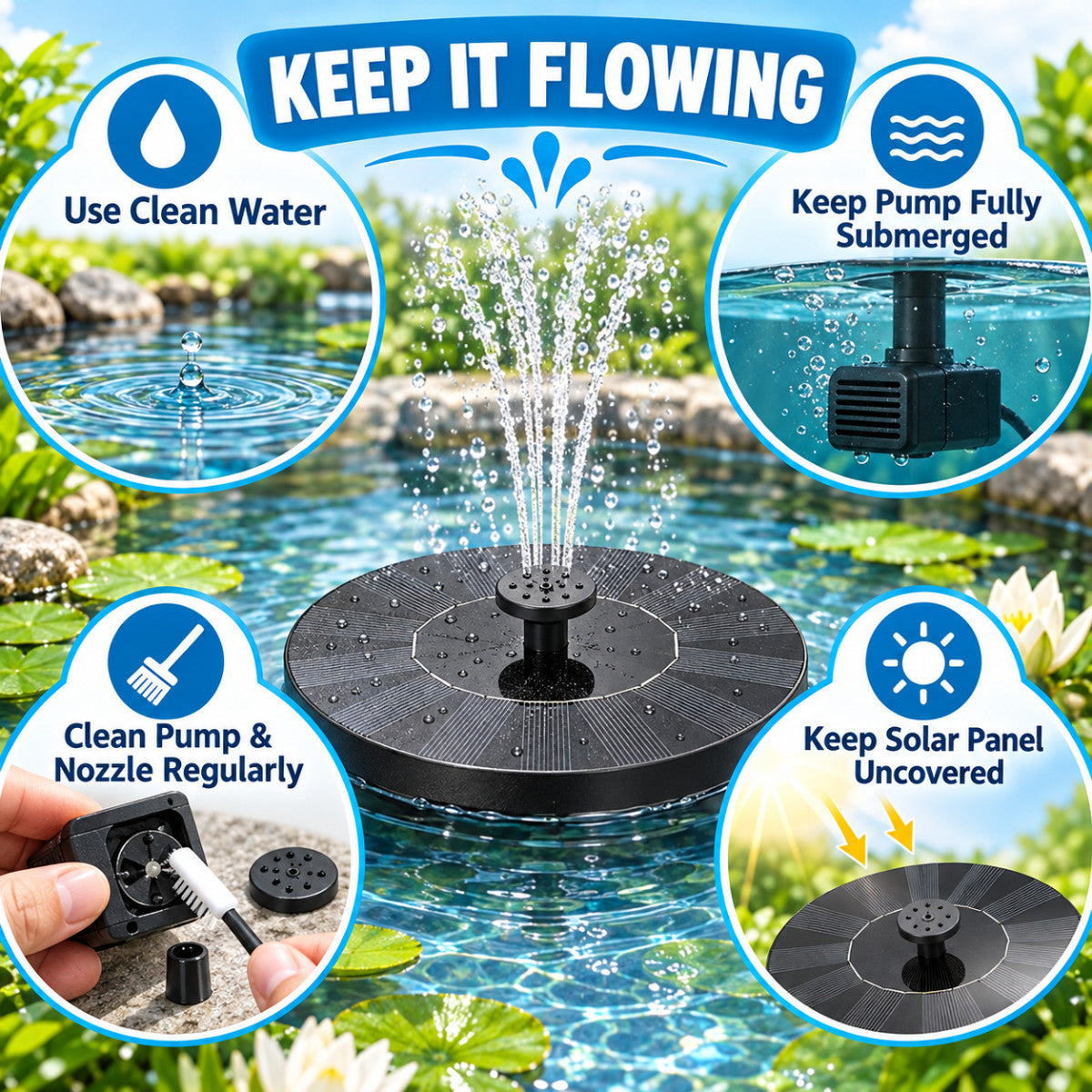 Casa De Amor Plastic Solar Fountain Floating Water Pump for Pool, Pond, Bird Bath, Garden & Patio Plants | Round 7V 1.4W with 4 Spray Nozzles (Black)