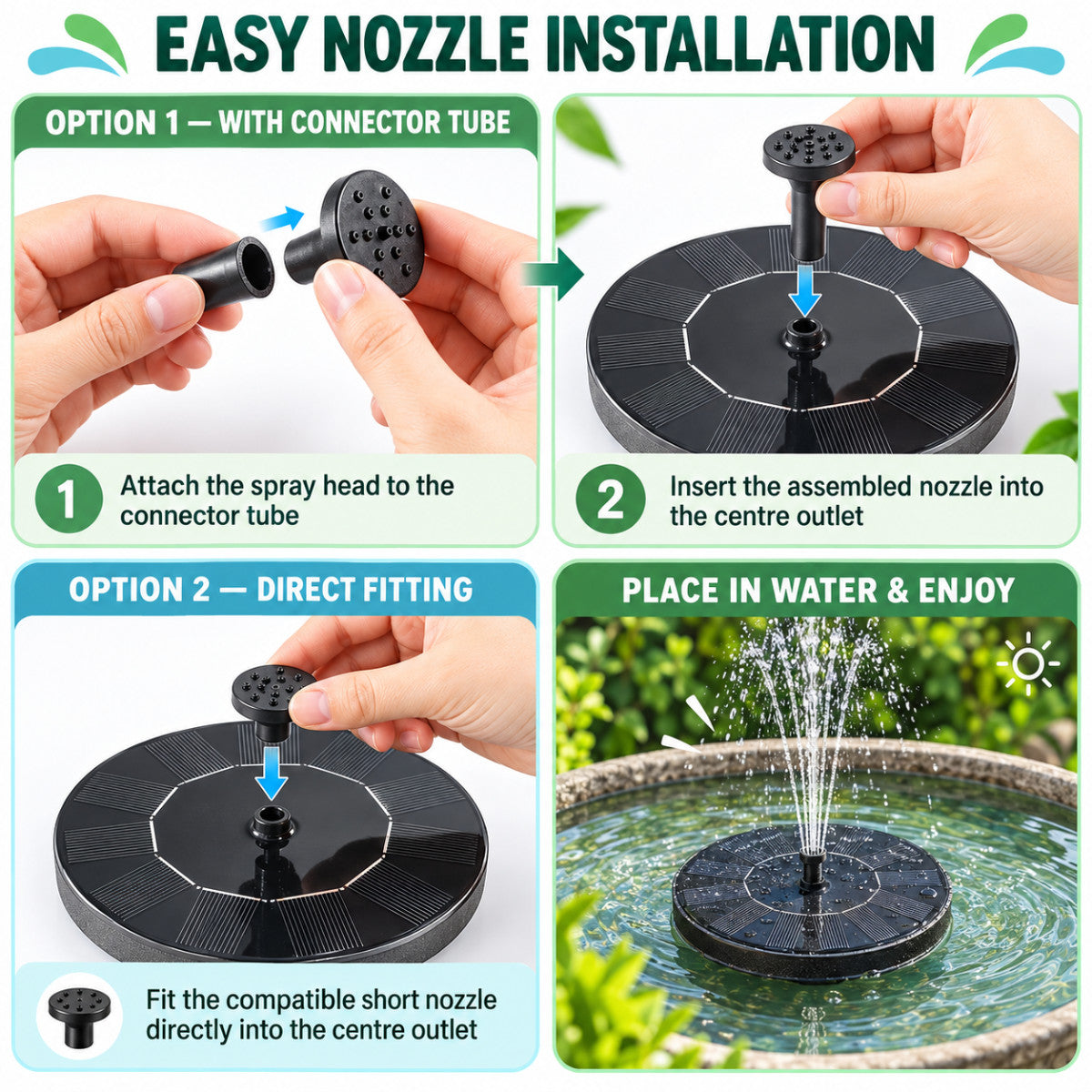 Casa De Amor Plastic Solar Fountain Floating Water Pump for Pool, Pond, Bird Bath, Garden & Patio Plants | Round 7V 1.4W with 4 Spray Nozzles (Black)