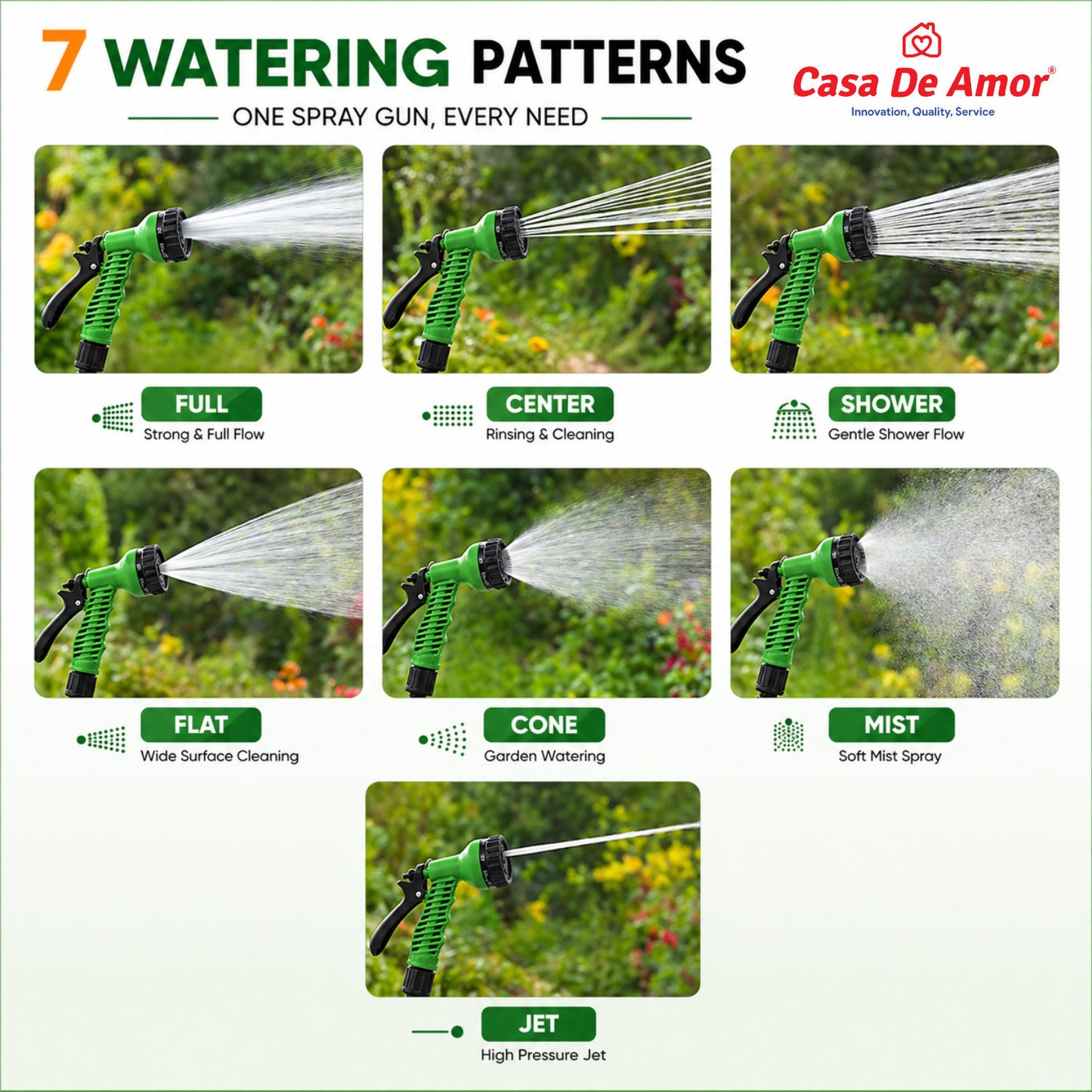 Casa De Amor Garden Hose 7 Pattern High Pressure Nozzle Spray Gun, Pressure Control Valve, 360° Adjustable & Leak Proof, Gardening Washing Water Spray for Plants