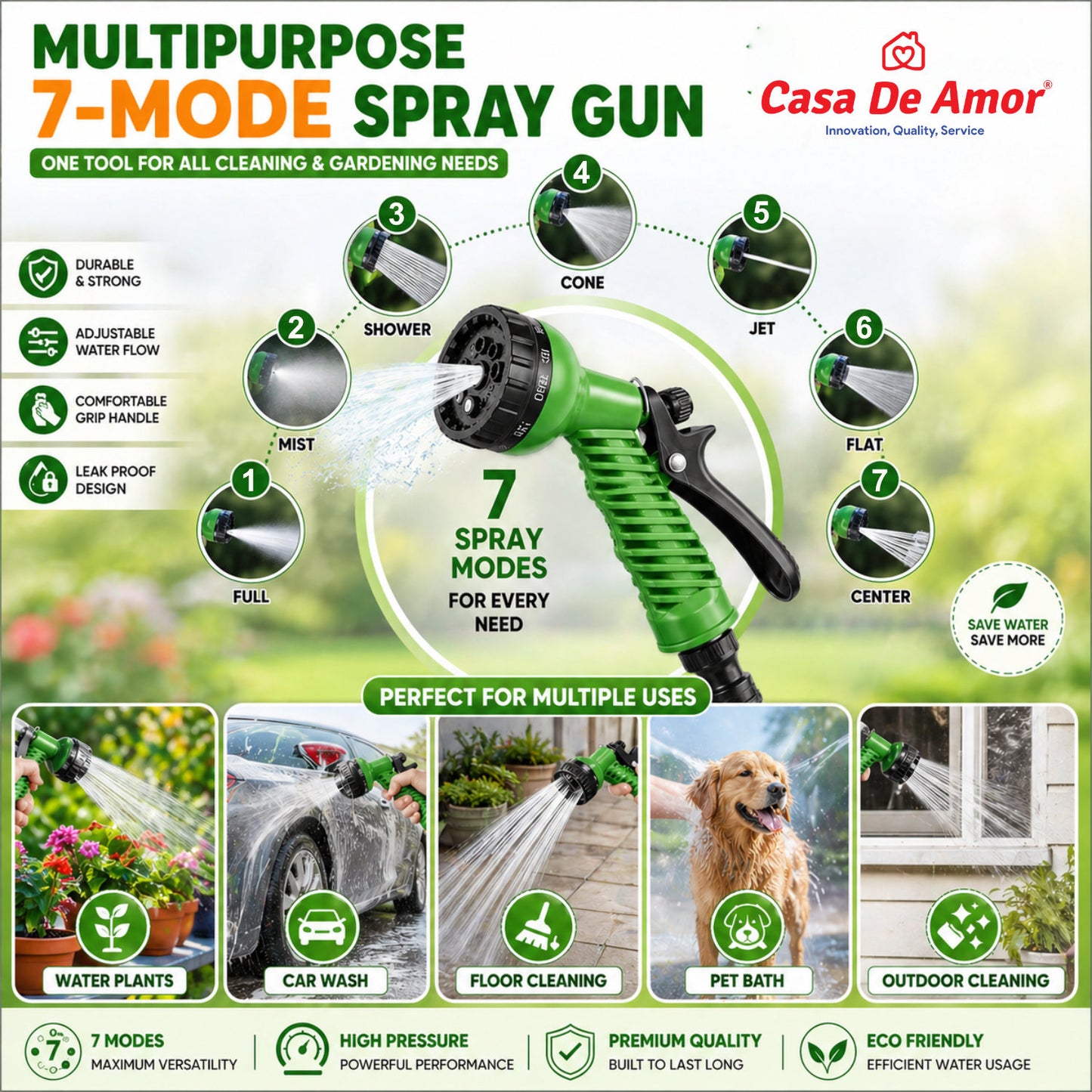Casa De Amor Garden Hose 7 Pattern High Pressure Nozzle Spray Gun, Pressure Control Valve, 360° Adjustable & Leak Proof, Gardening Washing Water Spray for Plants