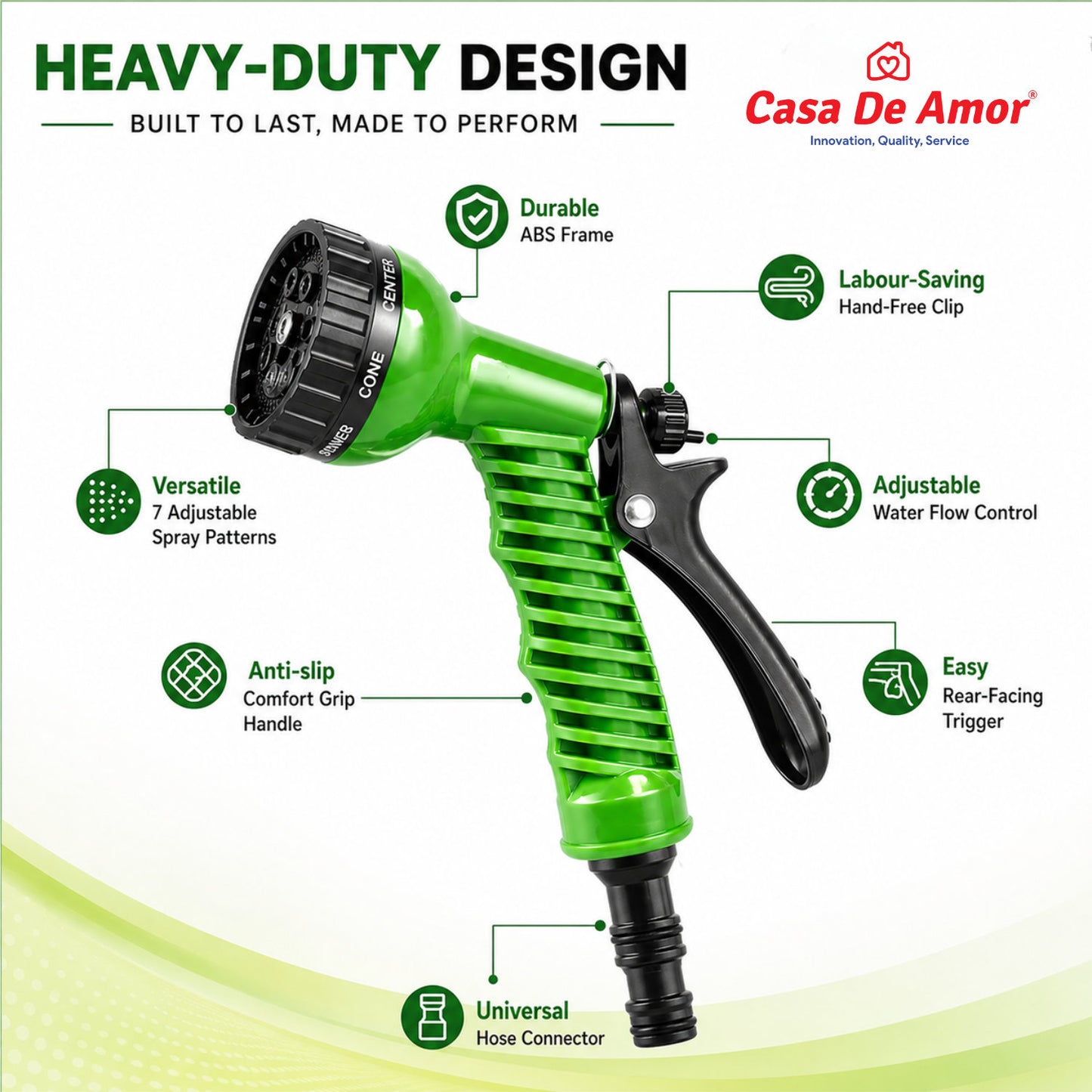 Casa De Amor Garden Hose 7 Pattern High Pressure Nozzle Spray Gun, Pressure Control Valve, 360° Adjustable & Leak Proof, Gardening Washing Water Spray for Plants