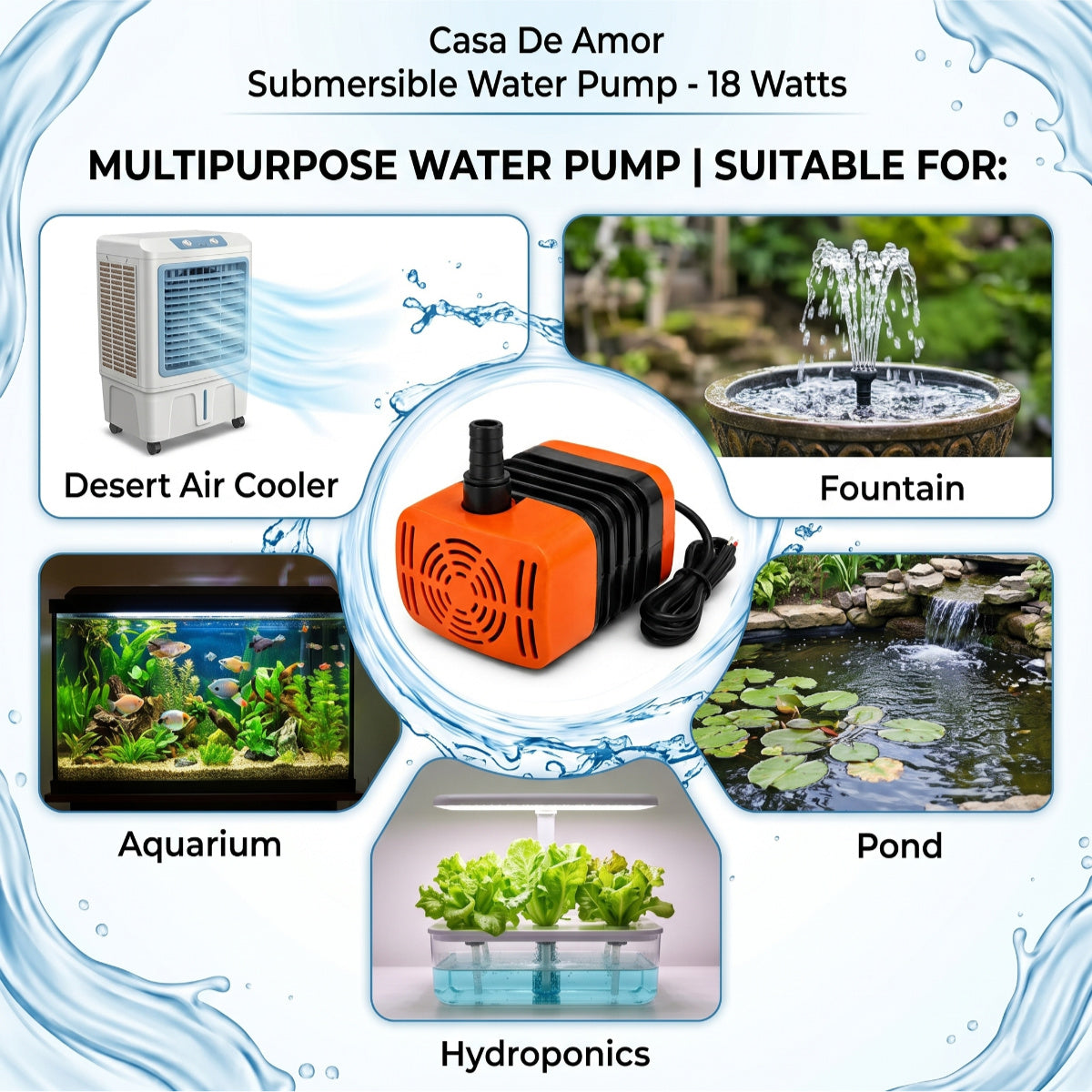 Casa De Amor 18W Submersible Water Pump for Desert Air Cooler, Aquarium, Fountain, Pond & Hydroponics