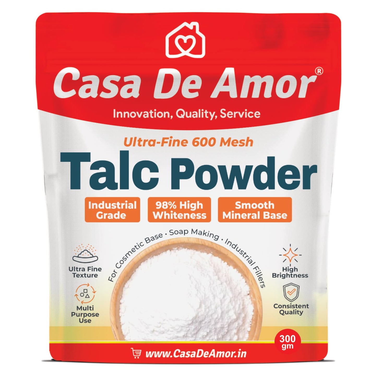 Casa De Amor Ultra-Fine 600 Mesh Industrial Grade Talc Powder | 98% High Whiteness, Multi-Use for Cosmetics, Soap Making & Industrial Fillers