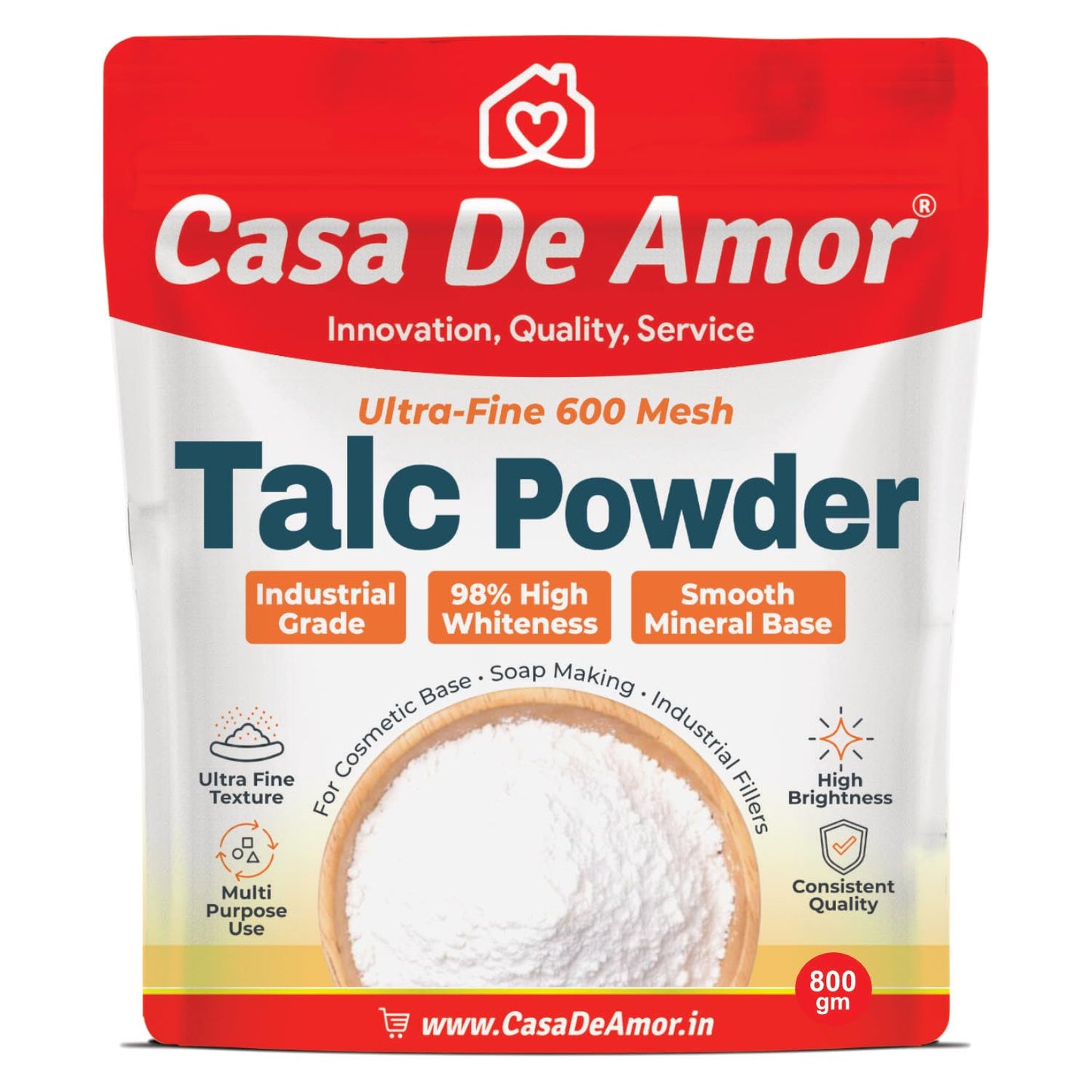 Casa De Amor Ultra-Fine 600 Mesh Industrial Grade Talc Powder | 98% High Whiteness, Multi-Use for Cosmetics, Soap Making & Industrial Fillers