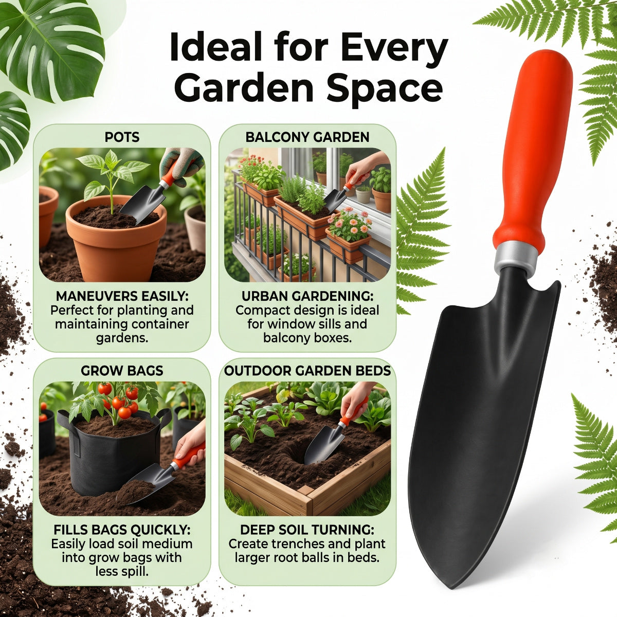 Casa De Amor Garden Trowel 1 Pc, Metal Blade Hand Shovel with Ergonomic Handle for Digging, Planting, Transplanting, Soil Loosening, Balcony, Indoor & Outdoor Gardening Tool