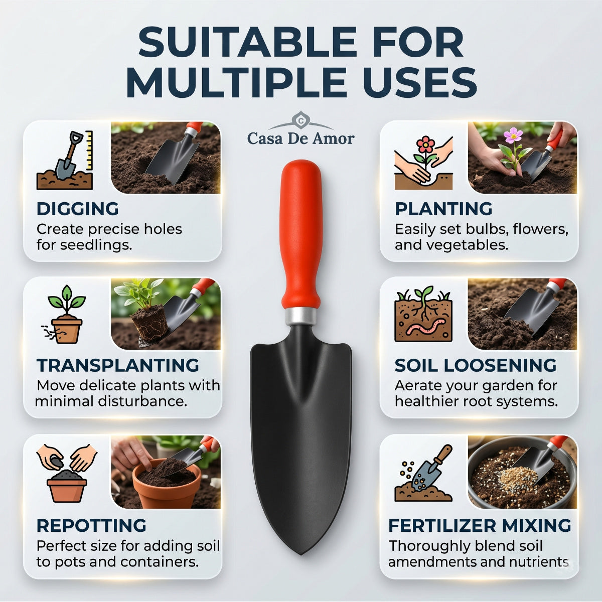 Casa De Amor Garden Trowel 1 Pc, Metal Blade Hand Shovel with Ergonomic Handle for Digging, Planting, Transplanting, Soil Loosening, Balcony, Indoor & Outdoor Gardening Tool