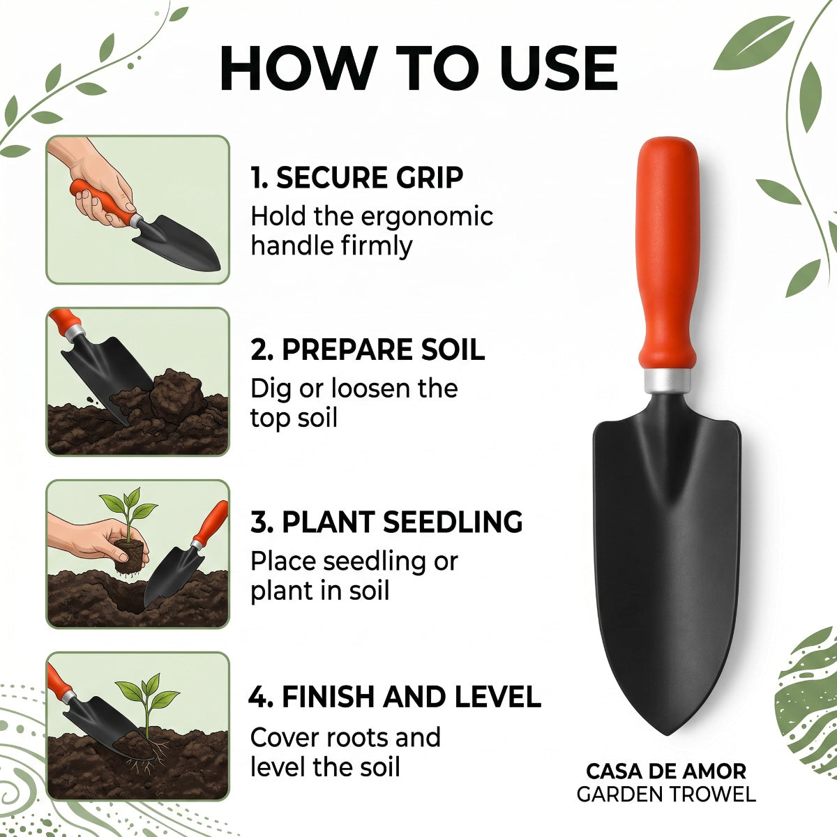 Casa De Amor Garden Trowel 1 Pc, Metal Blade Hand Shovel with Ergonomic Handle for Digging, Planting, Transplanting, Soil Loosening, Balcony, Indoor & Outdoor Gardening Tool